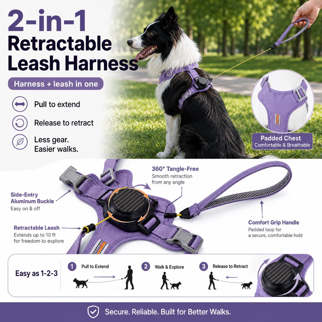 2-in-1 Retractable Dog Harness for Daily Walks – Built-In Leash Vest with Auto-Stop Control for Small & Medium Dogs