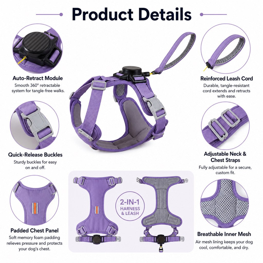 2-in-1 Retractable Dog Harness for Daily Walks – Built-In Leash Vest with Auto-Stop Control for Small & Medium Dogs