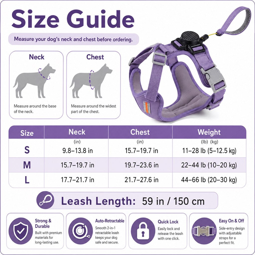 2-in-1 Retractable Dog Harness for Daily Walks – Built-In Leash Vest with Auto-Stop Control for Small & Medium Dogs