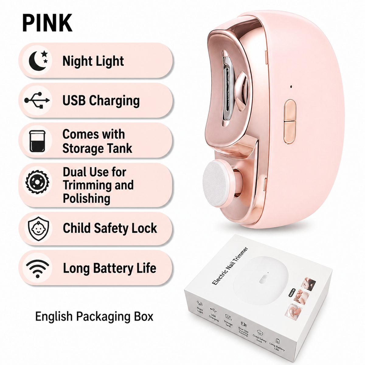 3-in-1 electric nail clipper with cutting, filing and polishing, USB rechargeable