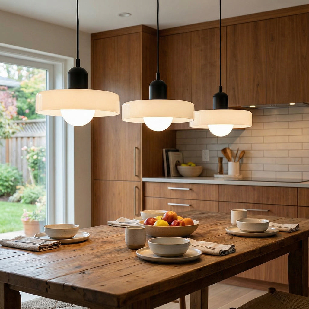 Bauhaus 3-Light Pendant Lamp — Coloured Glass Shades, G9 Bulbs, Warm White Illumination