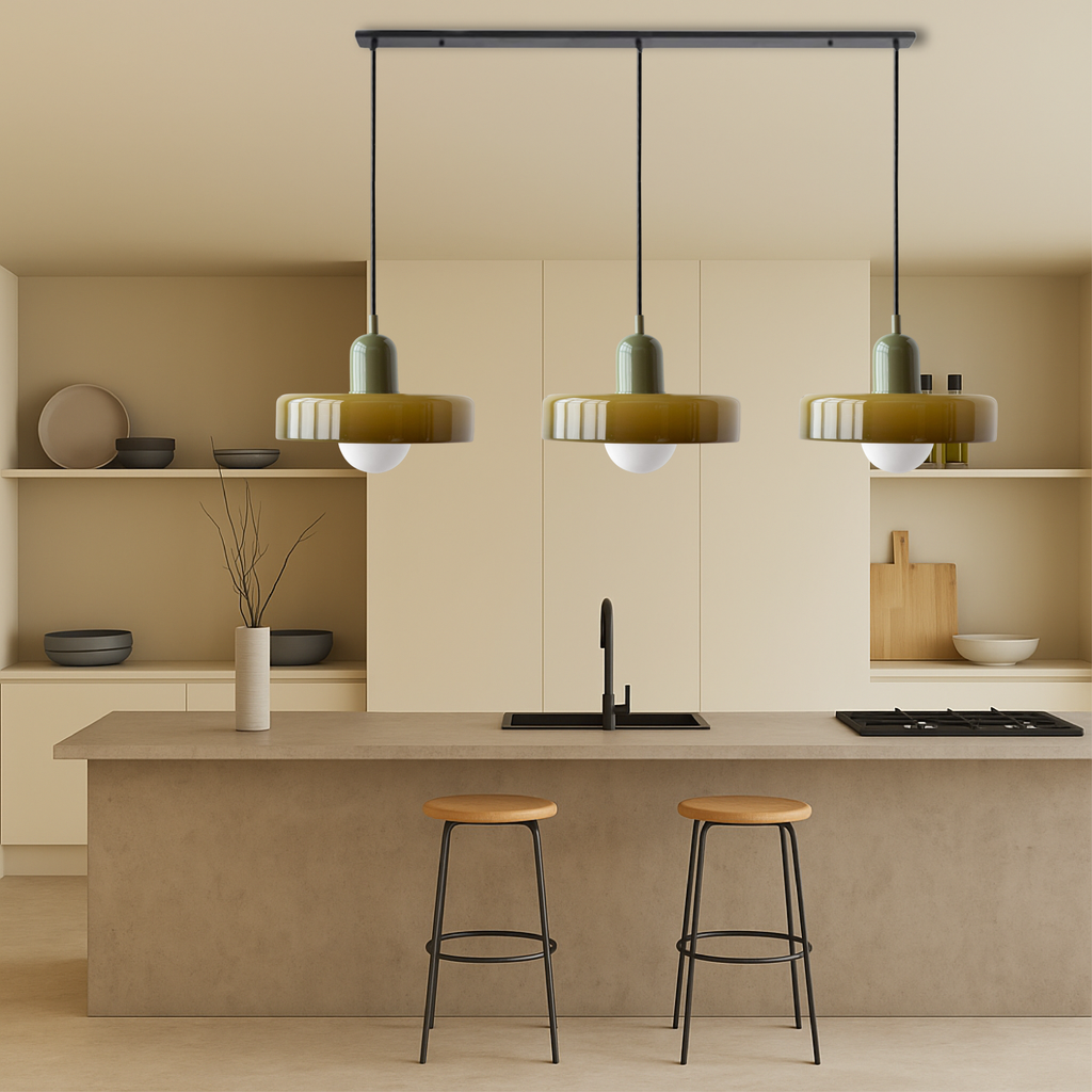 Bauhaus 3-Light Pendant Lamp — Coloured Glass Shades, G9 Bulbs, Warm White Illumination