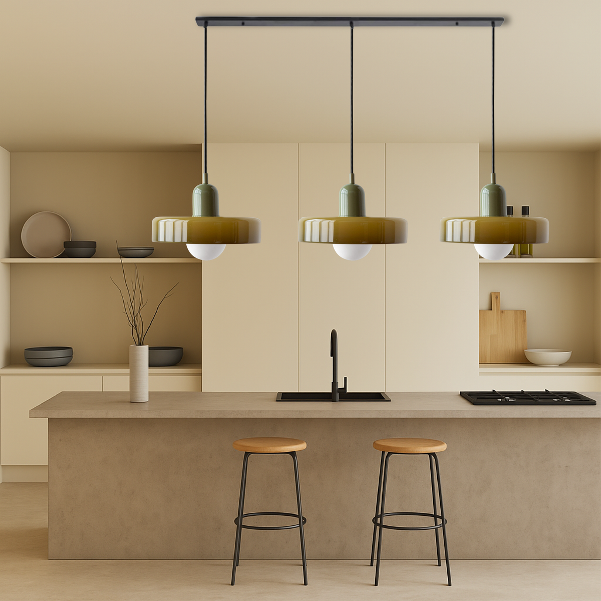 Bauhaus 3-Light Pendant Lamp — Coloured Glass Shades, G9 Bulbs, Warm White Illumination