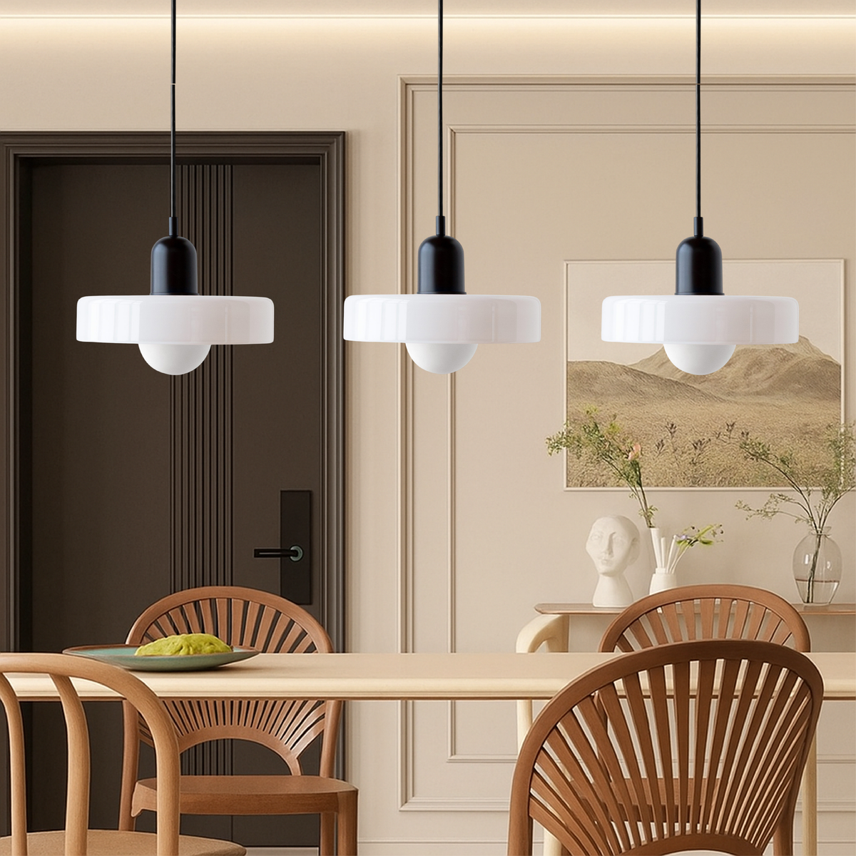 Bauhaus 3-Light Pendant Lamp — Coloured Glass Shades, G9 Bulbs, Warm White Illumination