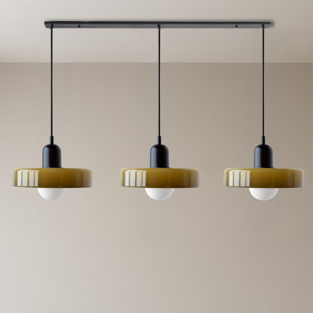 Bauhaus 3-Light Pendant Lamp — Coloured Glass Shades, G9 Bulbs, Warm White Illumination