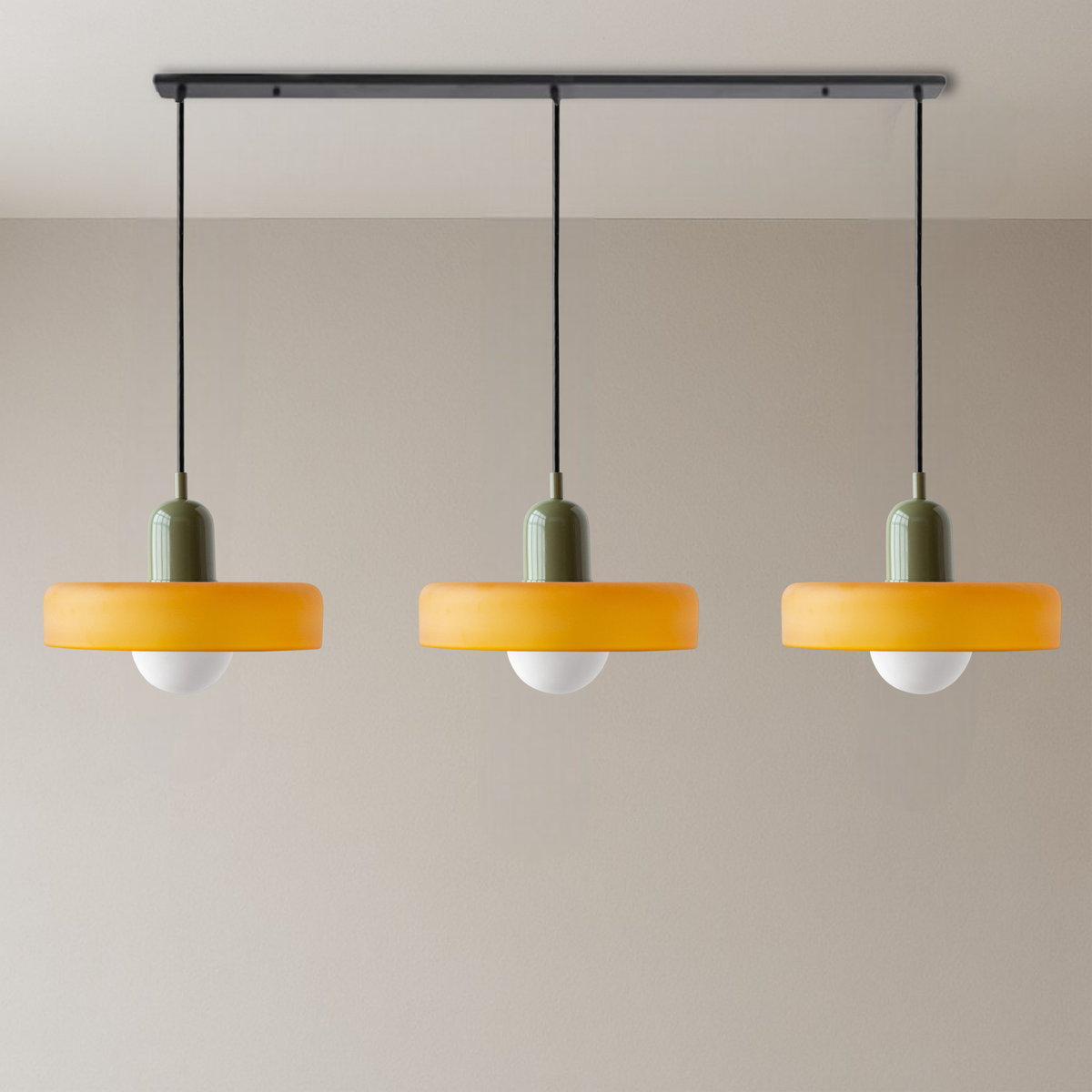Bauhaus 3-Light Pendant Lamp — Coloured Glass Shades, G9 Bulbs, Warm White Illumination