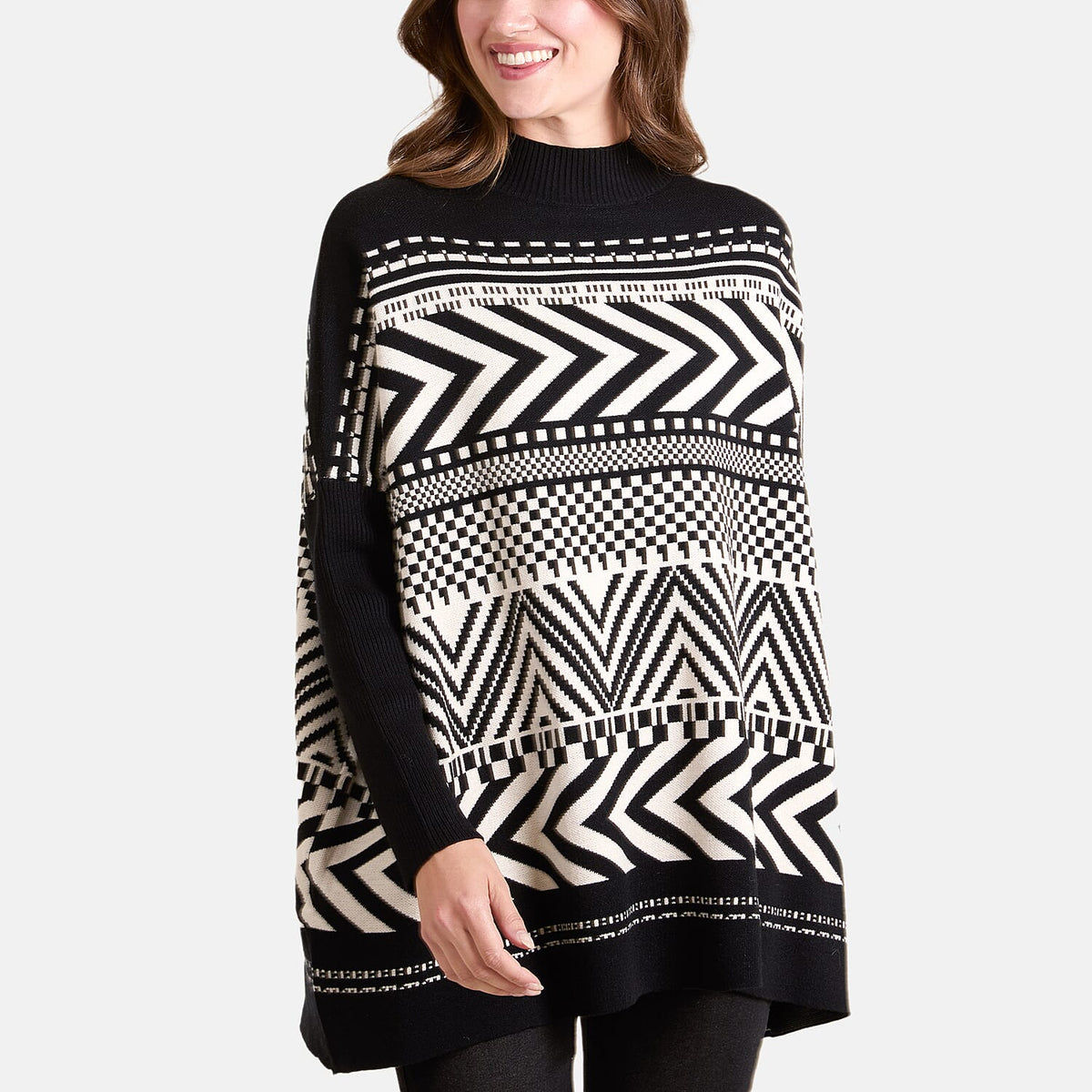 Chilli Charm Women's Zig-Zag High Neck Jumper with Relaxed Longline Fit