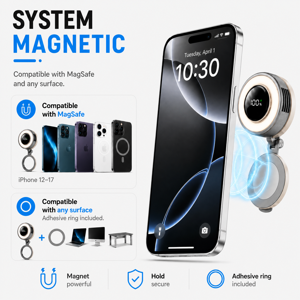 Compact Magnetic Fan with 360 Degree Cooling and Portable LED Light