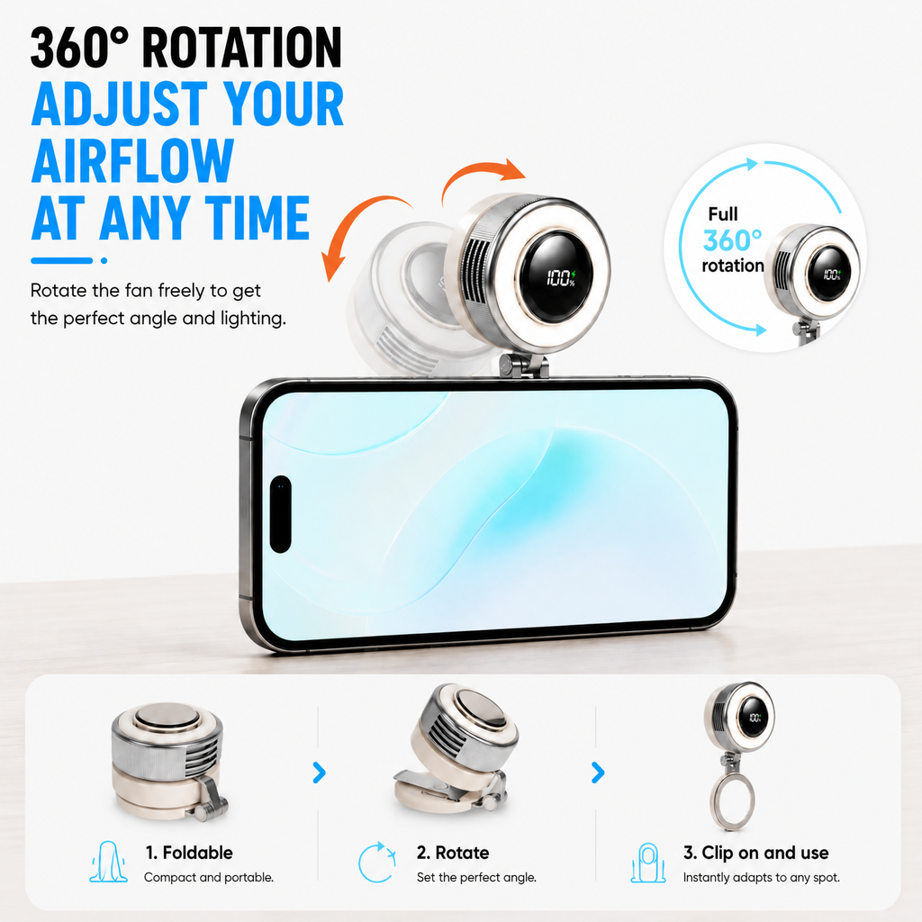 Compact Magnetic Fan with 360 Degree Cooling and Portable LED Light
