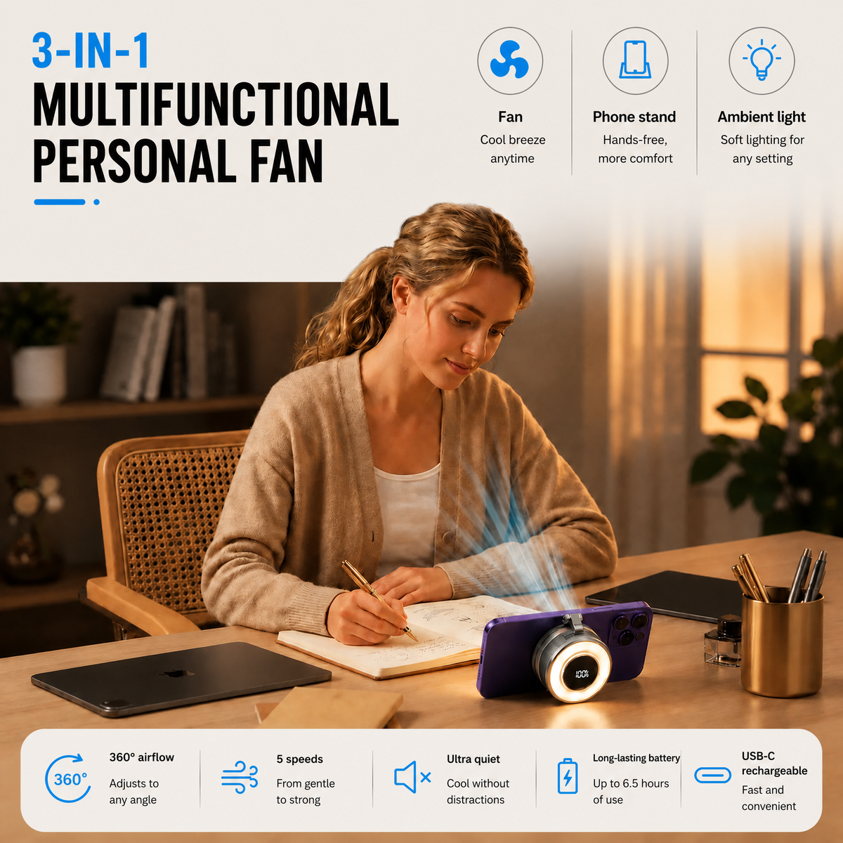 Compact Magnetic Fan with 360 Degree Cooling and Portable LED Light