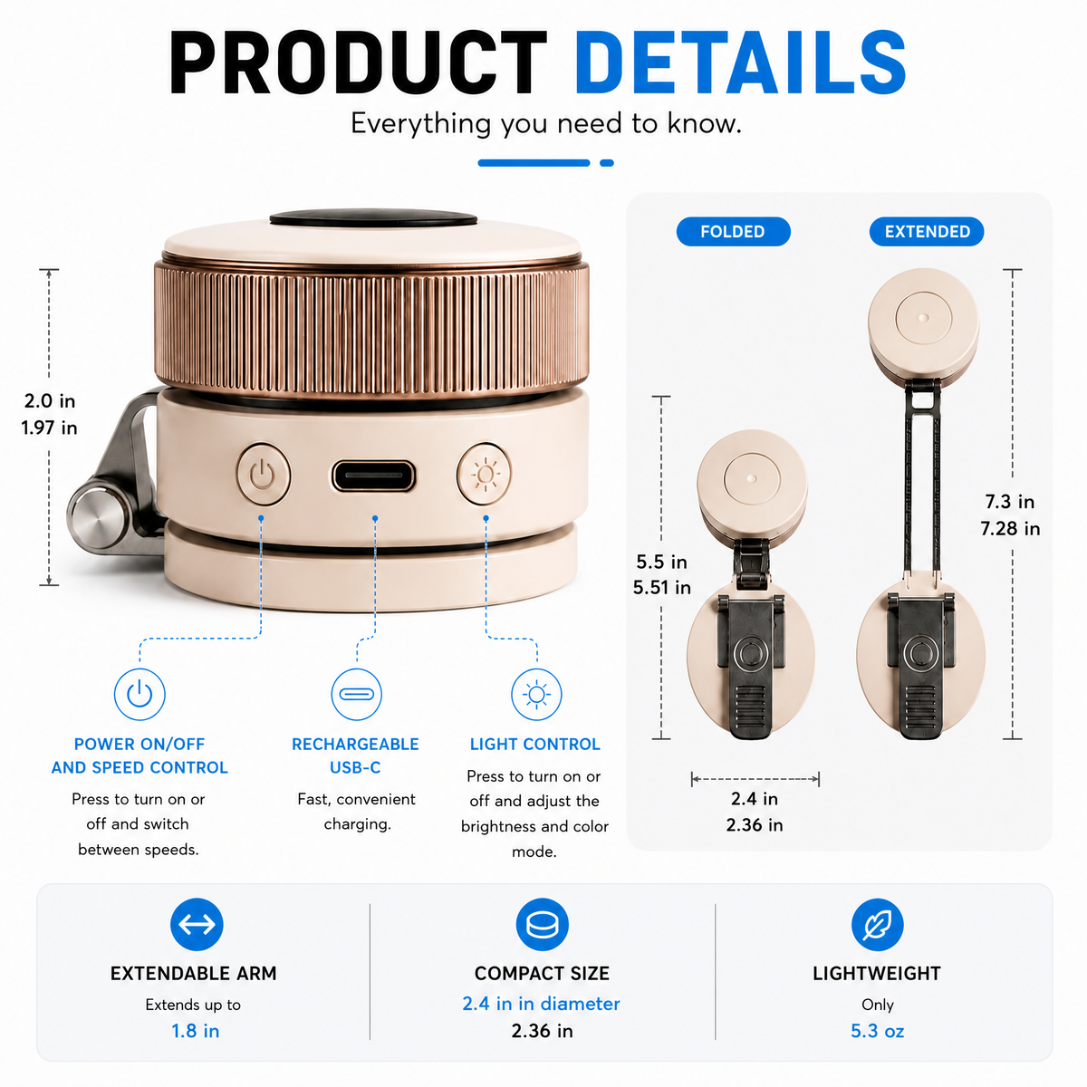 Compact Magnetic Fan with 360 Degree Cooling and Portable LED Light