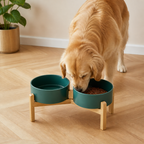 Elevated Wooden Stand & Double Ceramic Dog Bowl