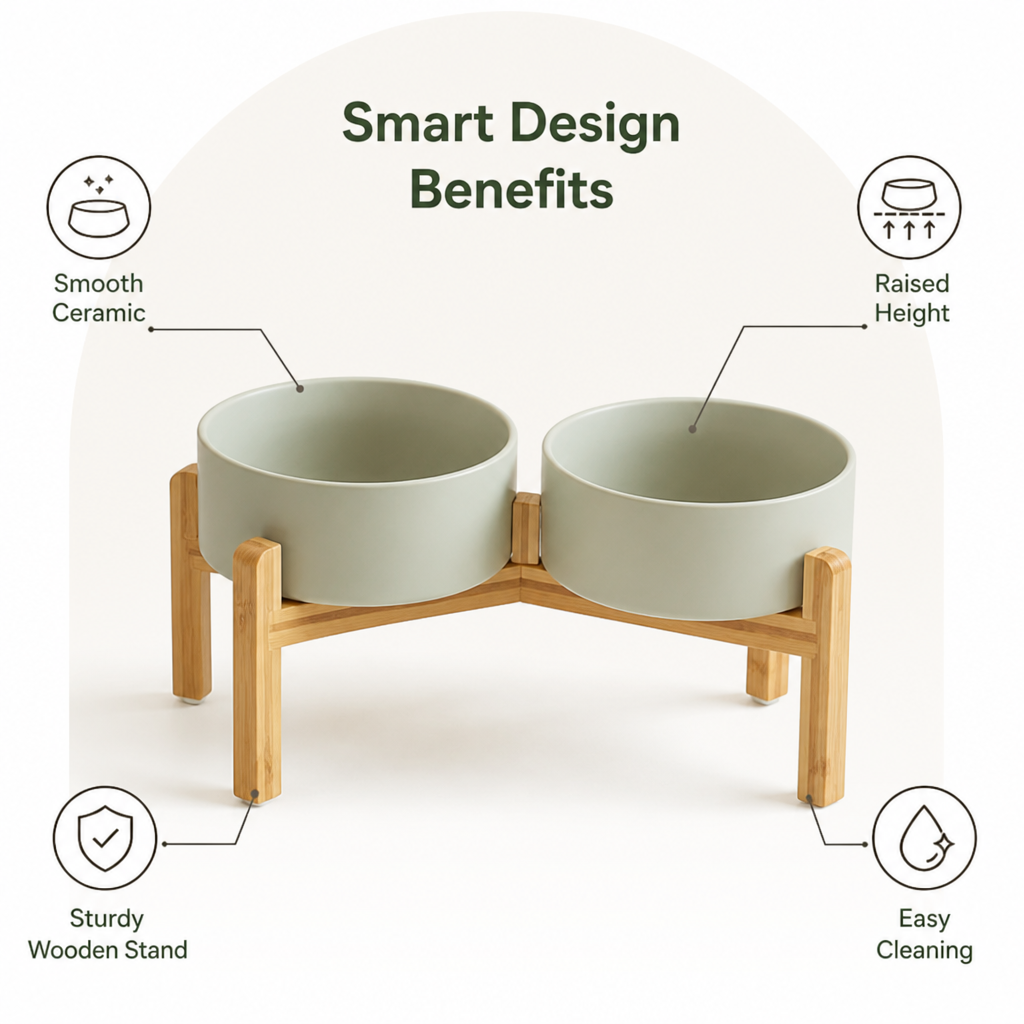 Elevated Wooden Stand & Double Ceramic Dog Bowl
