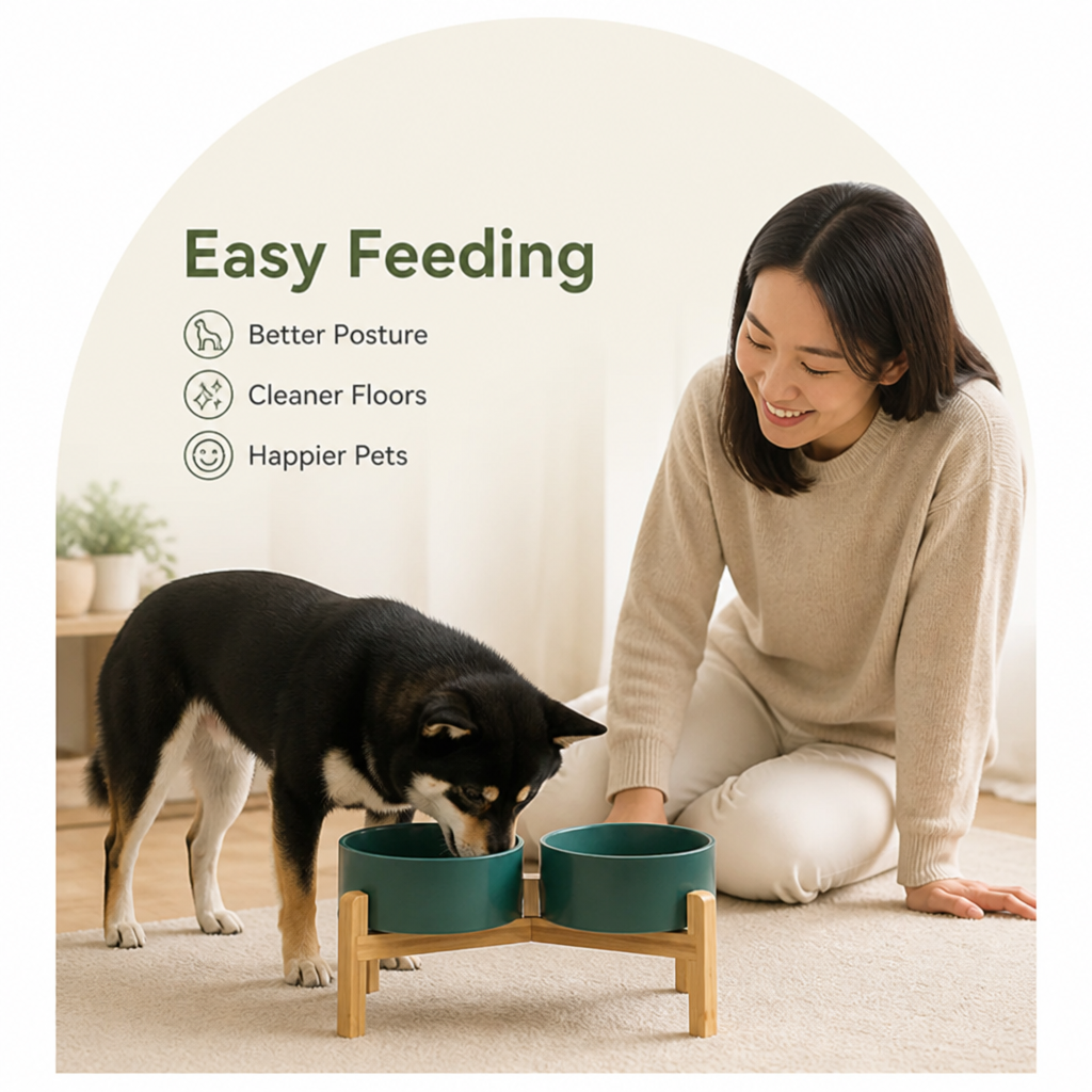 Elevated Wooden Stand & Double Ceramic Dog Bowl