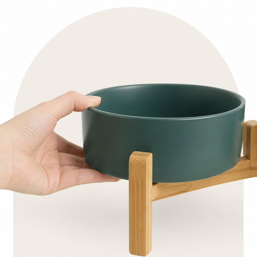 Elevated Wooden Stand & Double Ceramic Dog Bowl
