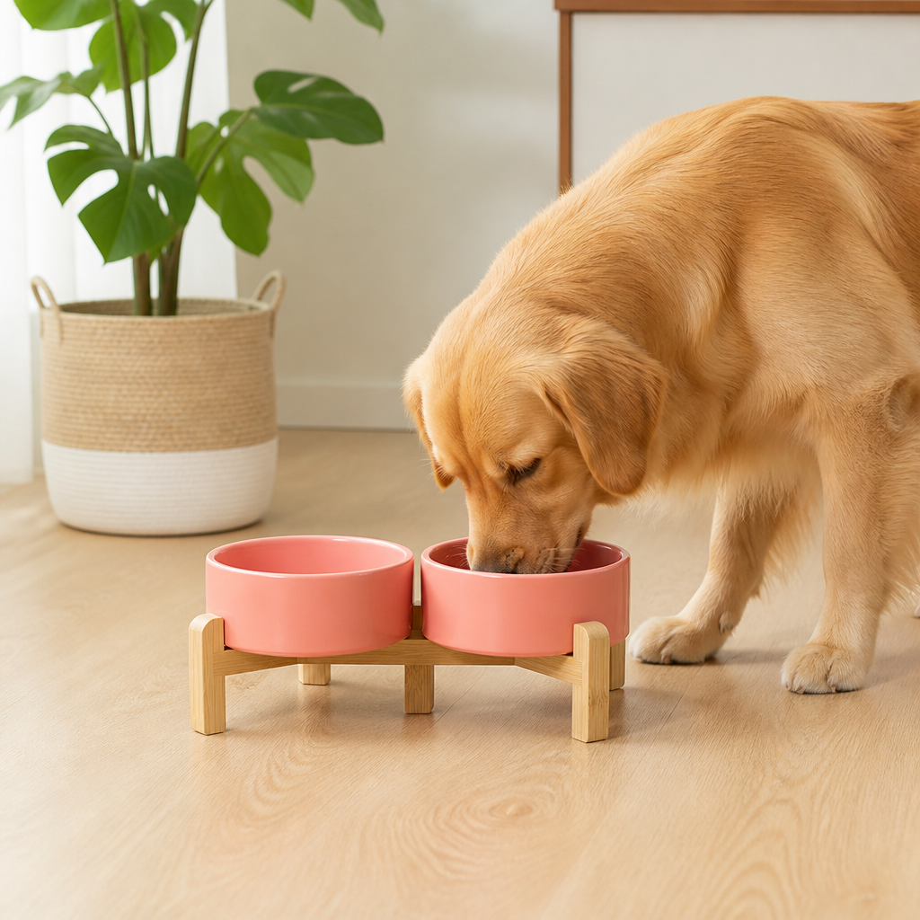 Elevated Wooden Stand & Double Ceramic Dog Bowl