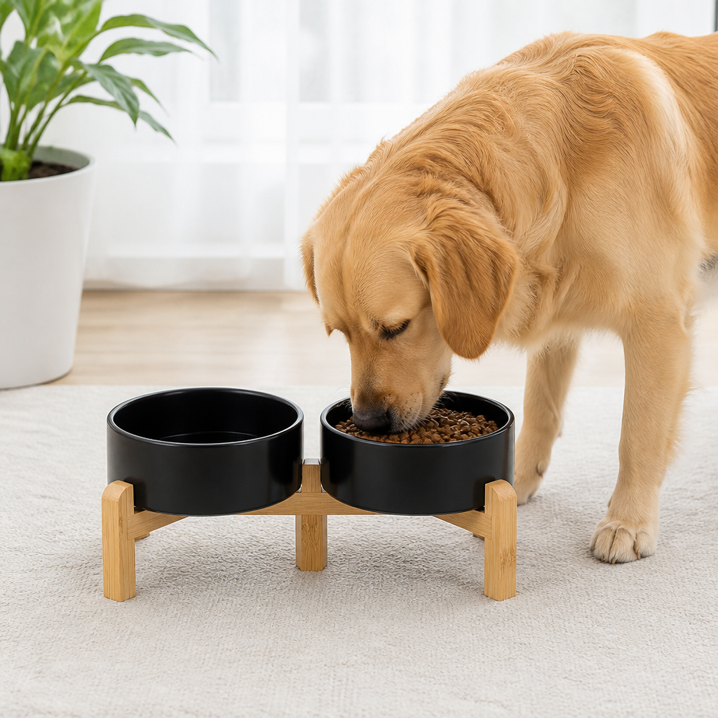 Elevated Wooden Stand & Double Ceramic Dog Bowl