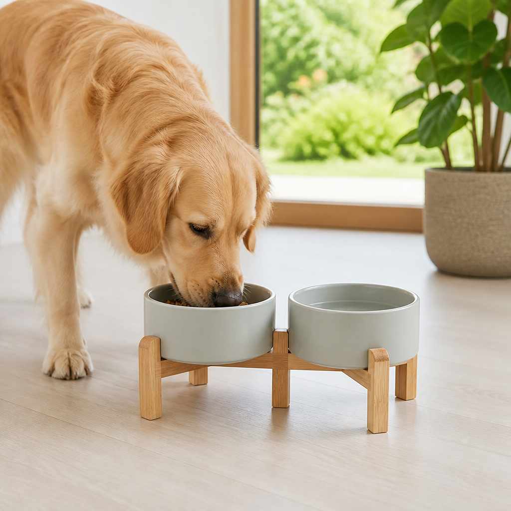 Elevated Wooden Stand & Double Ceramic Dog Bowl
