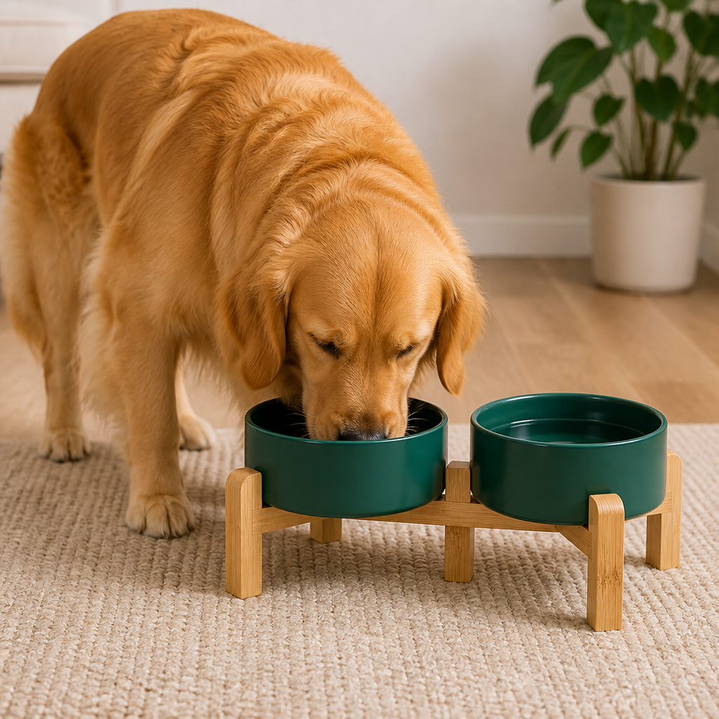 Elevated Wooden Stand & Double Ceramic Dog Bowl