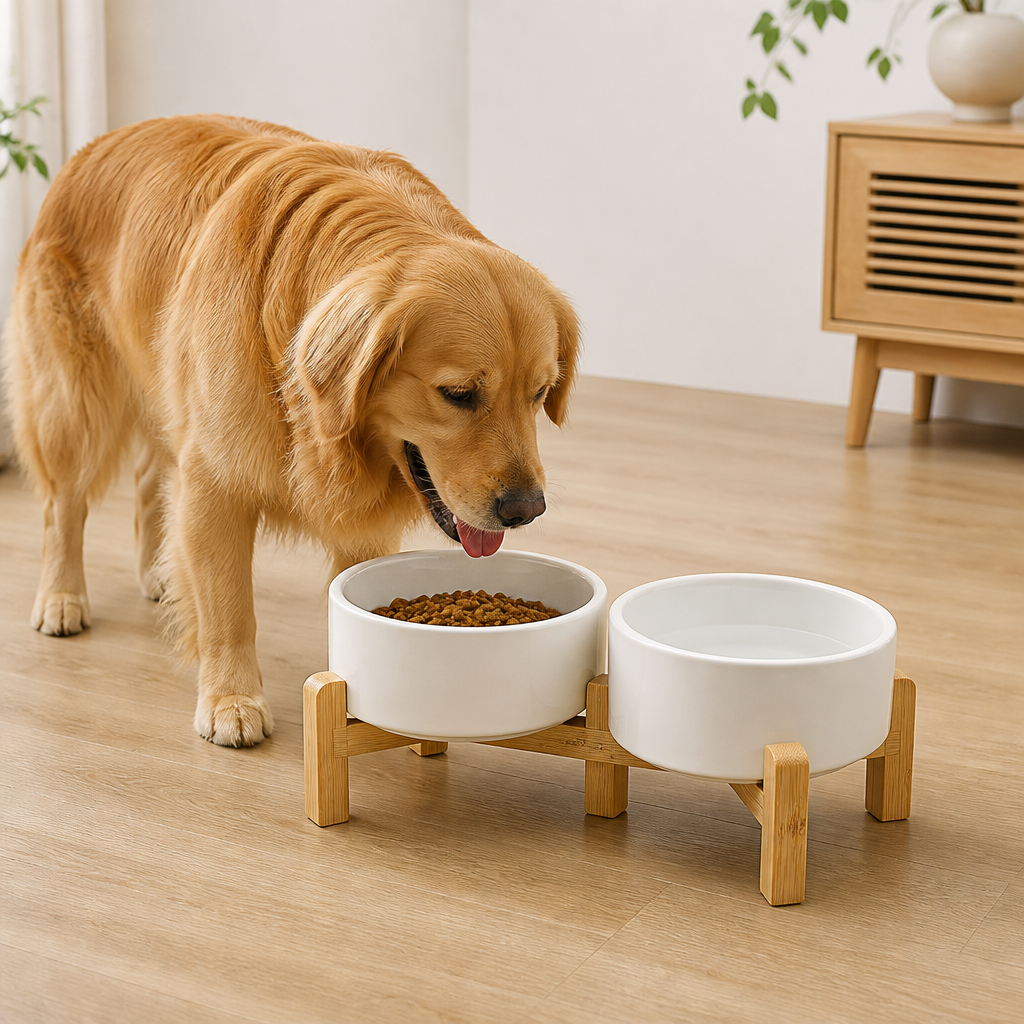 Elevated Wooden Stand & Double Ceramic Dog Bowl
