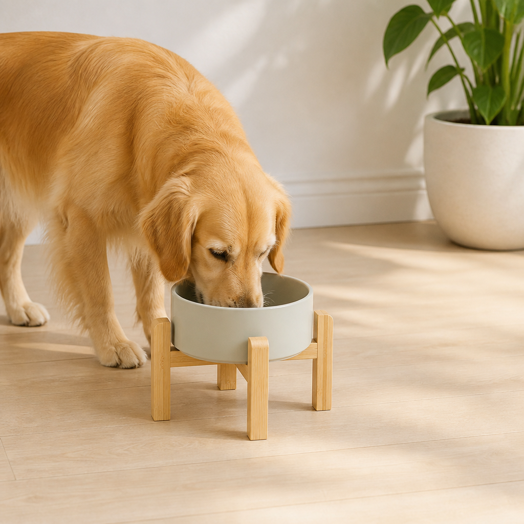 Elevated Wooden Stand & Double Ceramic Dog Bowl