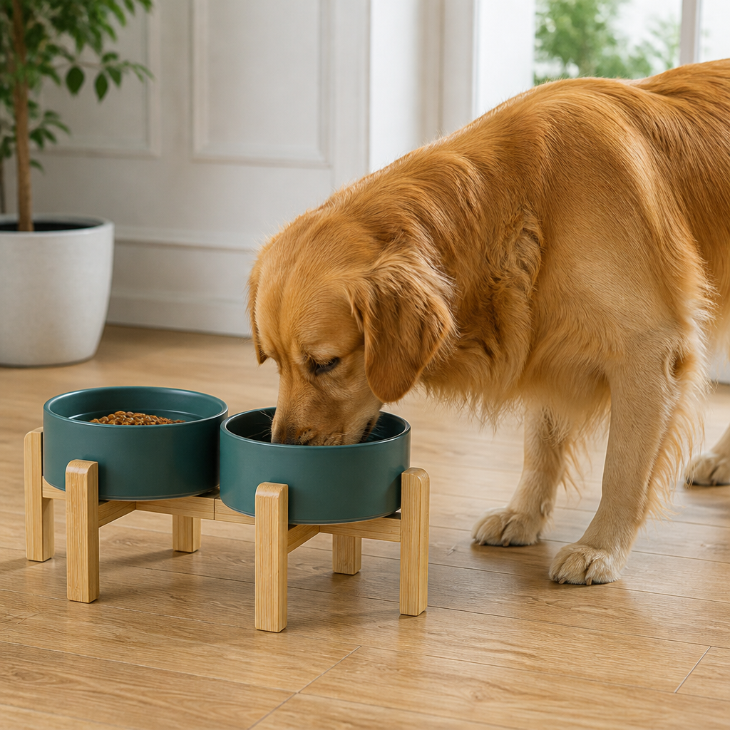 Elevated Wooden Stand & Double Ceramic Dog Bowl