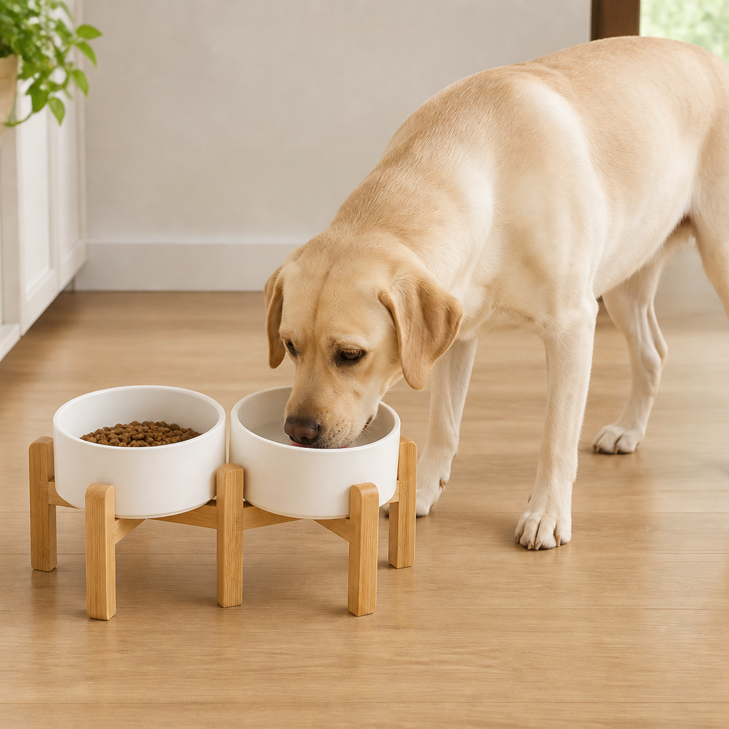 Elevated Wooden Stand & Double Ceramic Dog Bowl