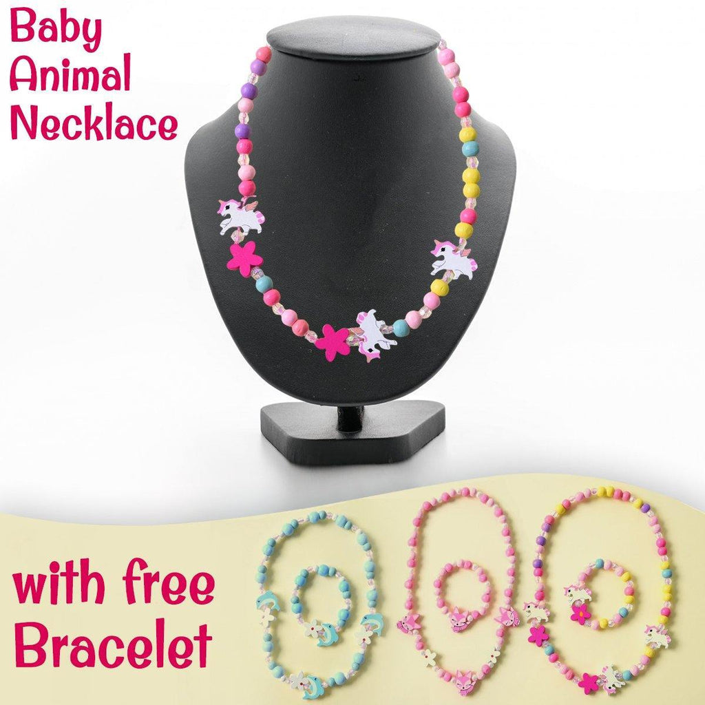 Girls' Wooden Animal Charm Necklace & Bracelet Set