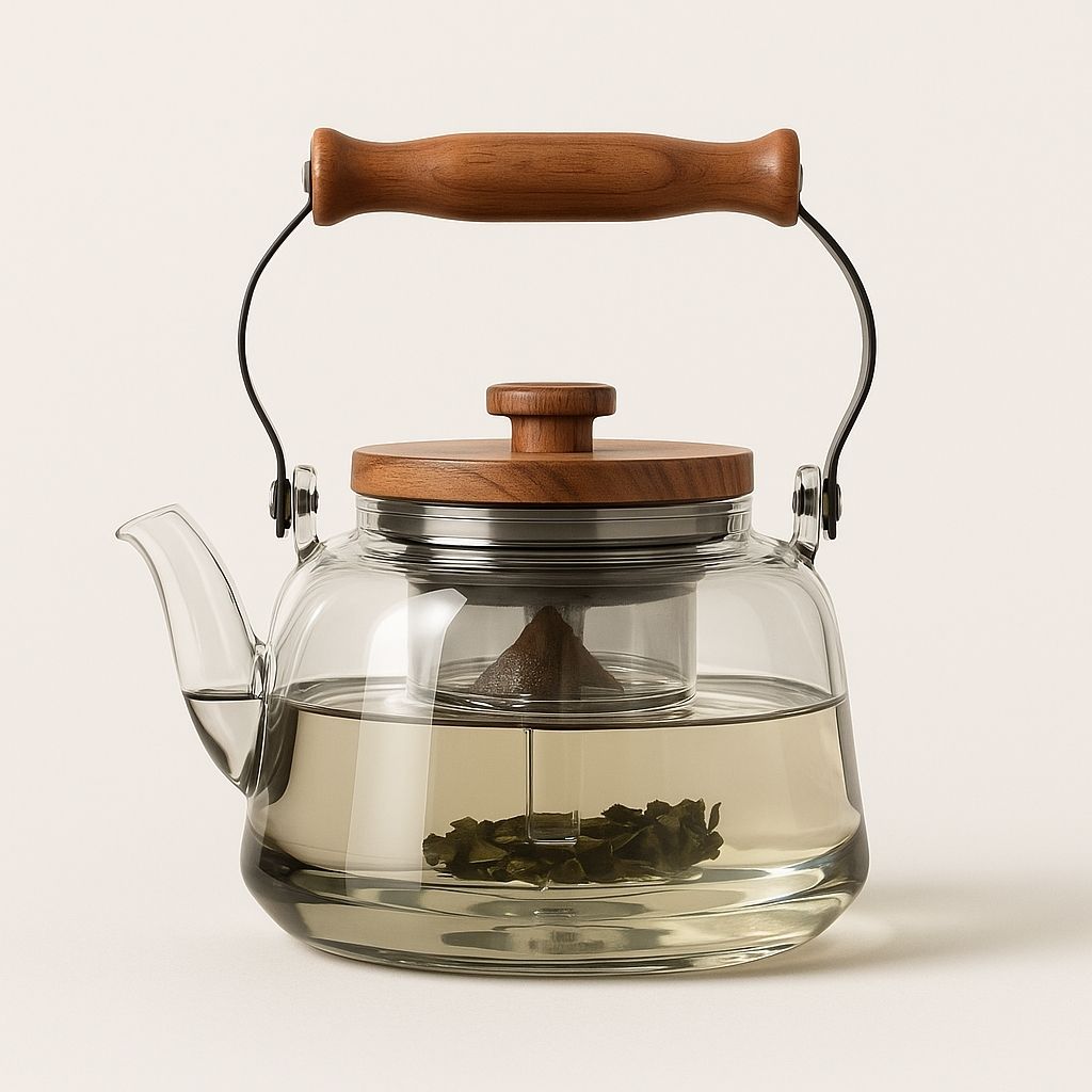 Glass Teapot with Infuser – 1 Litre Borosilicate Kettle, Heat-Resistant, Wooden Handle