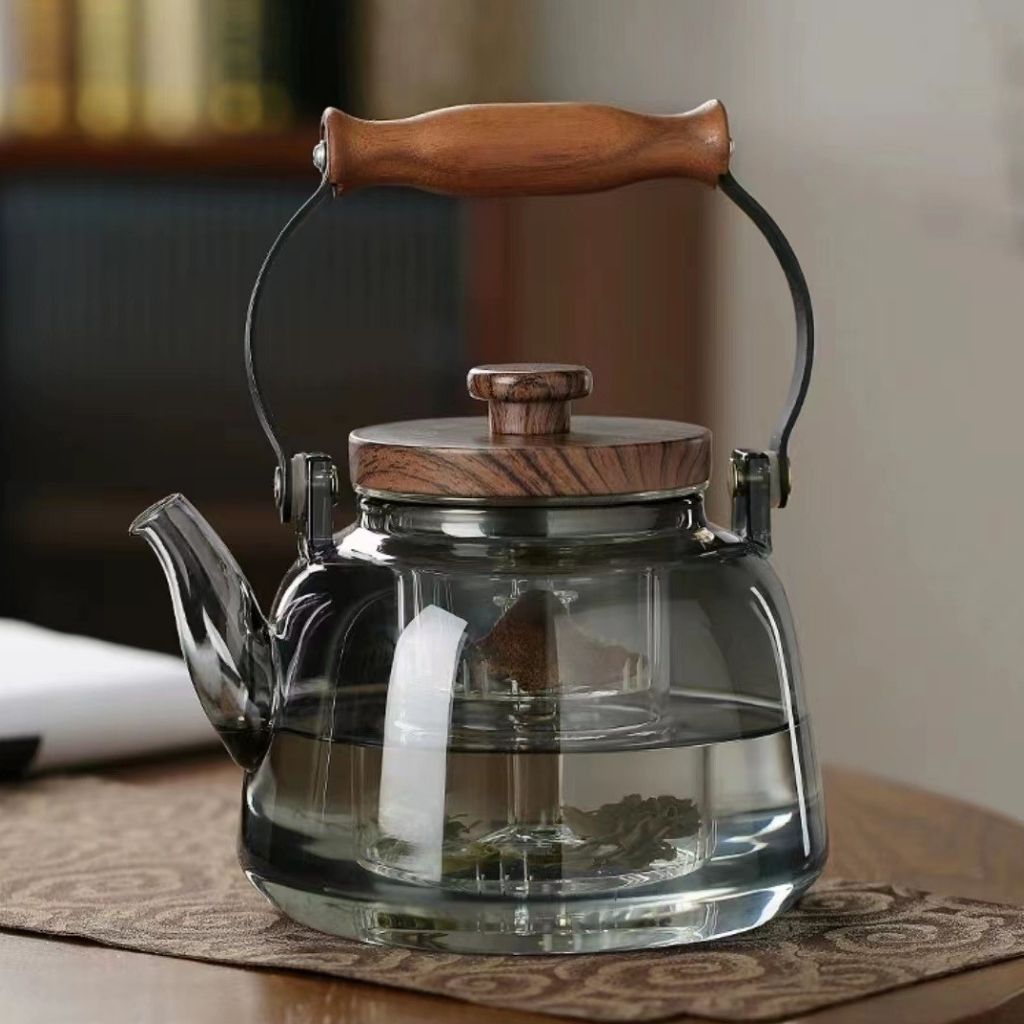 Glass Teapot with Infuser – 1 Litre Borosilicate Kettle, Heat-Resistant, Wooden Handle