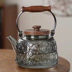 Glass Teapot with Infuser – 1 Litre Borosilicate Kettle, Heat-Resistant, Wooden Handle
