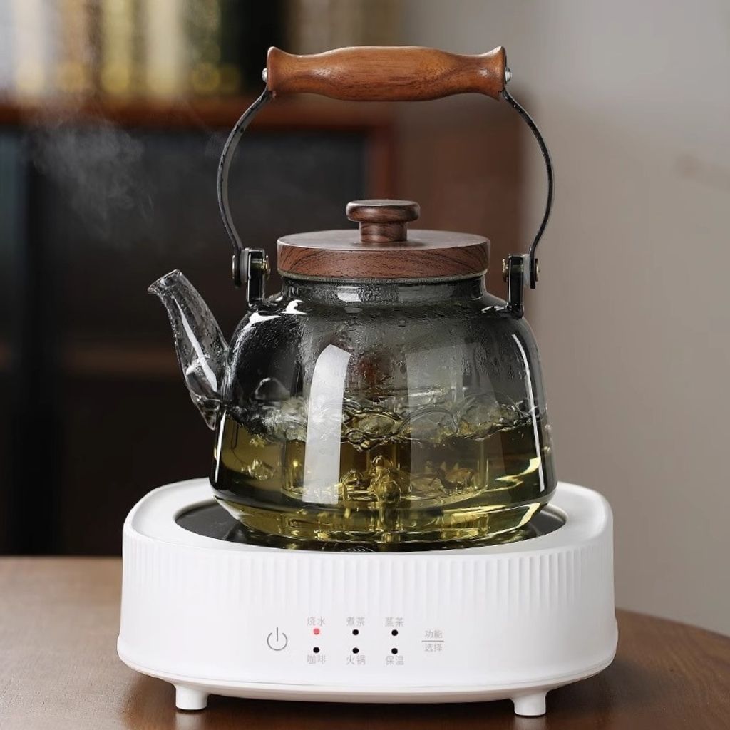 Glass Teapot with Infuser – 1 Litre Borosilicate Kettle, Heat-Resistant, Wooden Handle