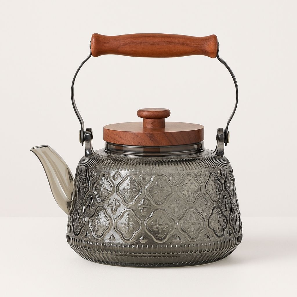 Glass Teapot with Infuser – 1 Litre Borosilicate Kettle, Heat-Resistant, Wooden Handle