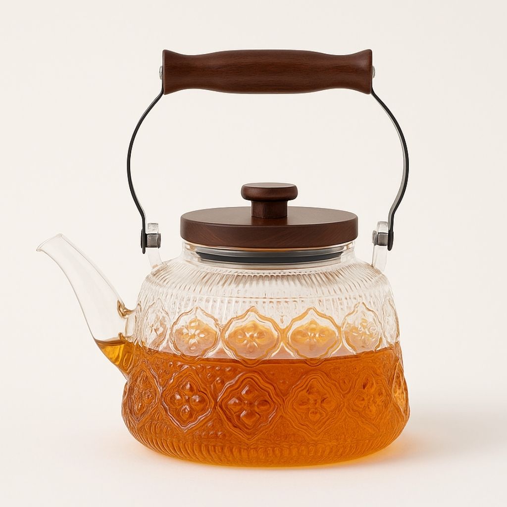 Glass Teapot with Infuser – 1 Litre Borosilicate Kettle, Heat-Resistant, Wooden Handle