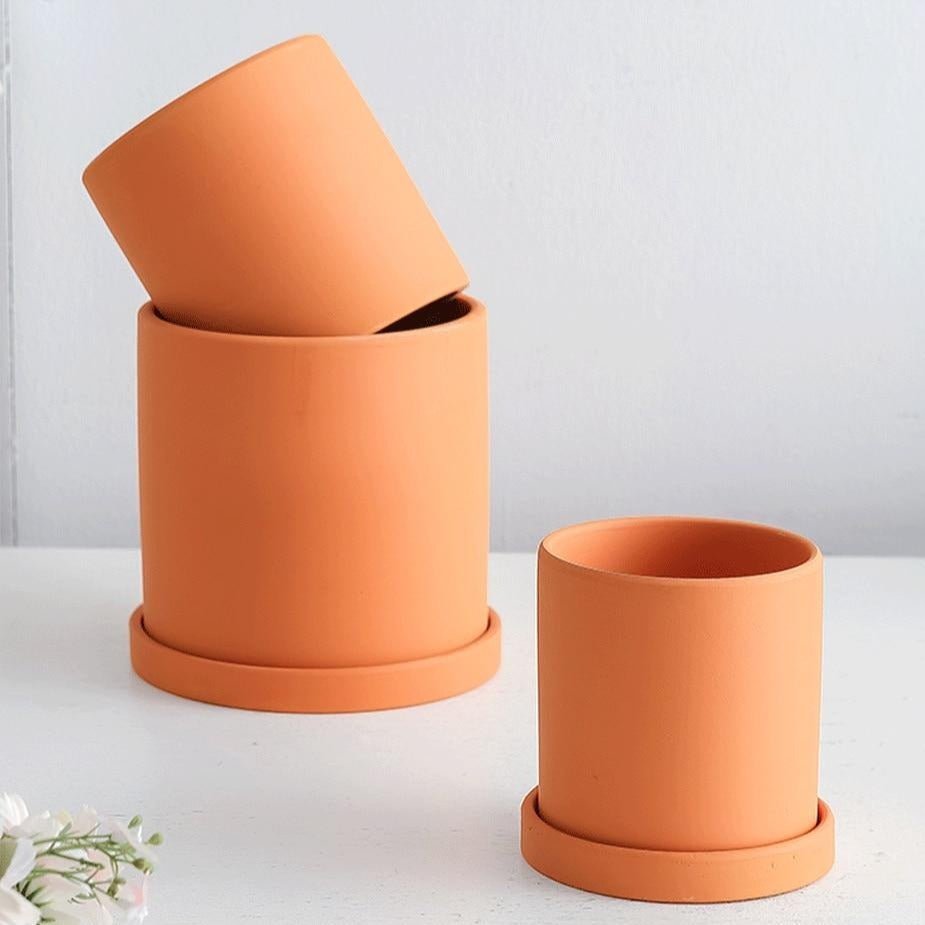Matt Glazed Ceramic Plant Pot with Drainage Hole and Saucer
