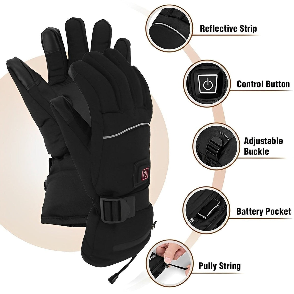Heated gloves for cold hands with touchscreen fingertips and waterproof wrist strap
