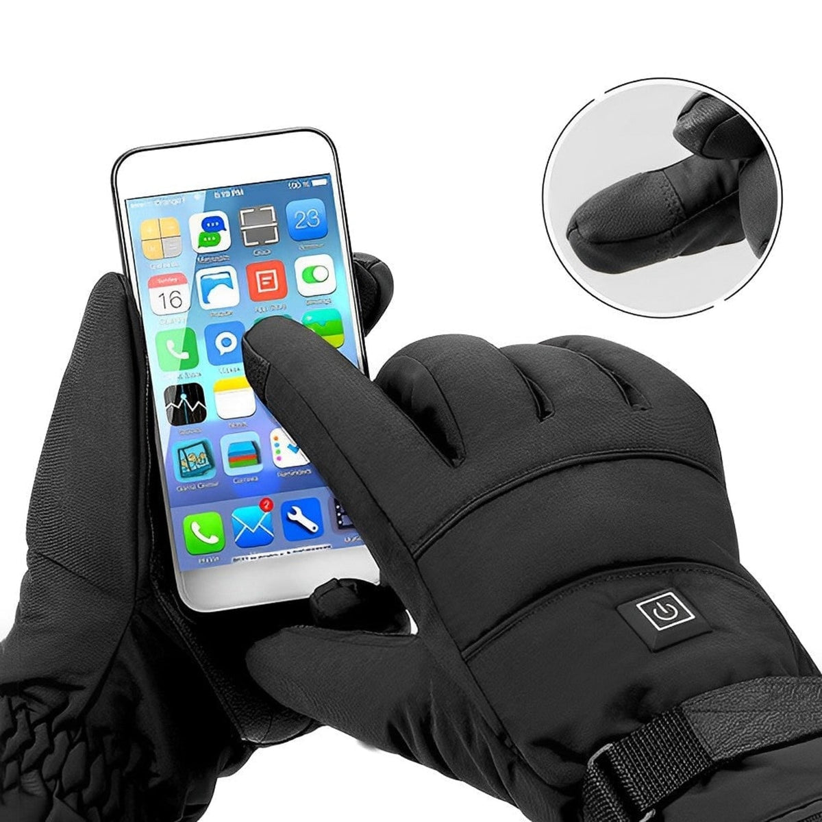 Heated gloves for cold hands with touchscreen fingertips and waterproof wrist strap