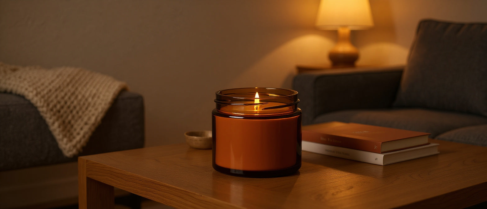 Naldony Amber Nights soy candle on a cosy living-room console with warm UK evening light