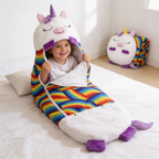Lightweight Hooded Kids Sleeping Bag — Built-In Foldable Pillow