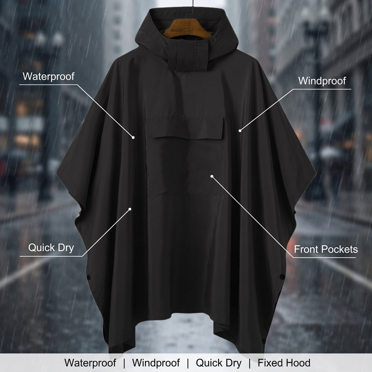 Lightweight Rain Poncho Windproof Quick Dry Hooded Outdoor Cape