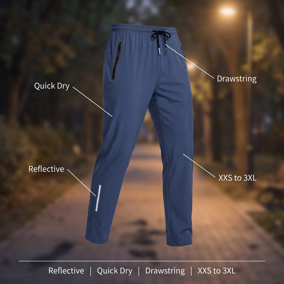 Men's Breathable Track Pants Reflective Quick Dry Drawstring Joggers