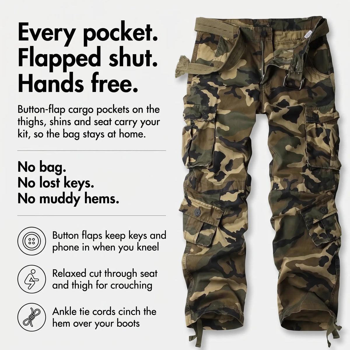 Men's Camo Cargo Trousers - Combat Trousers - 8 Pocket Relaxed Fit