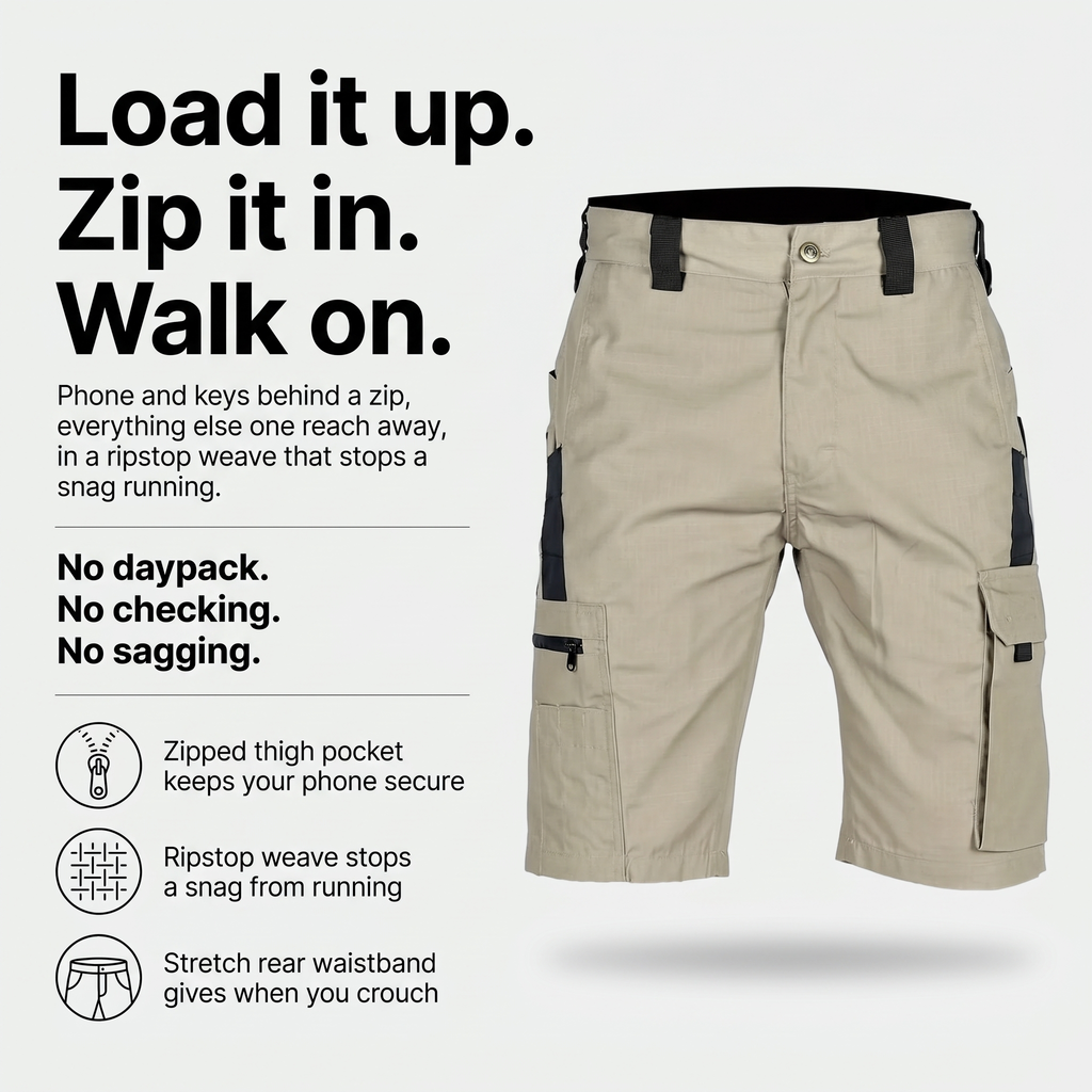 Men's Cargo Shorts – Knee Length Shorts – Zip Pocket Hiking Shorts