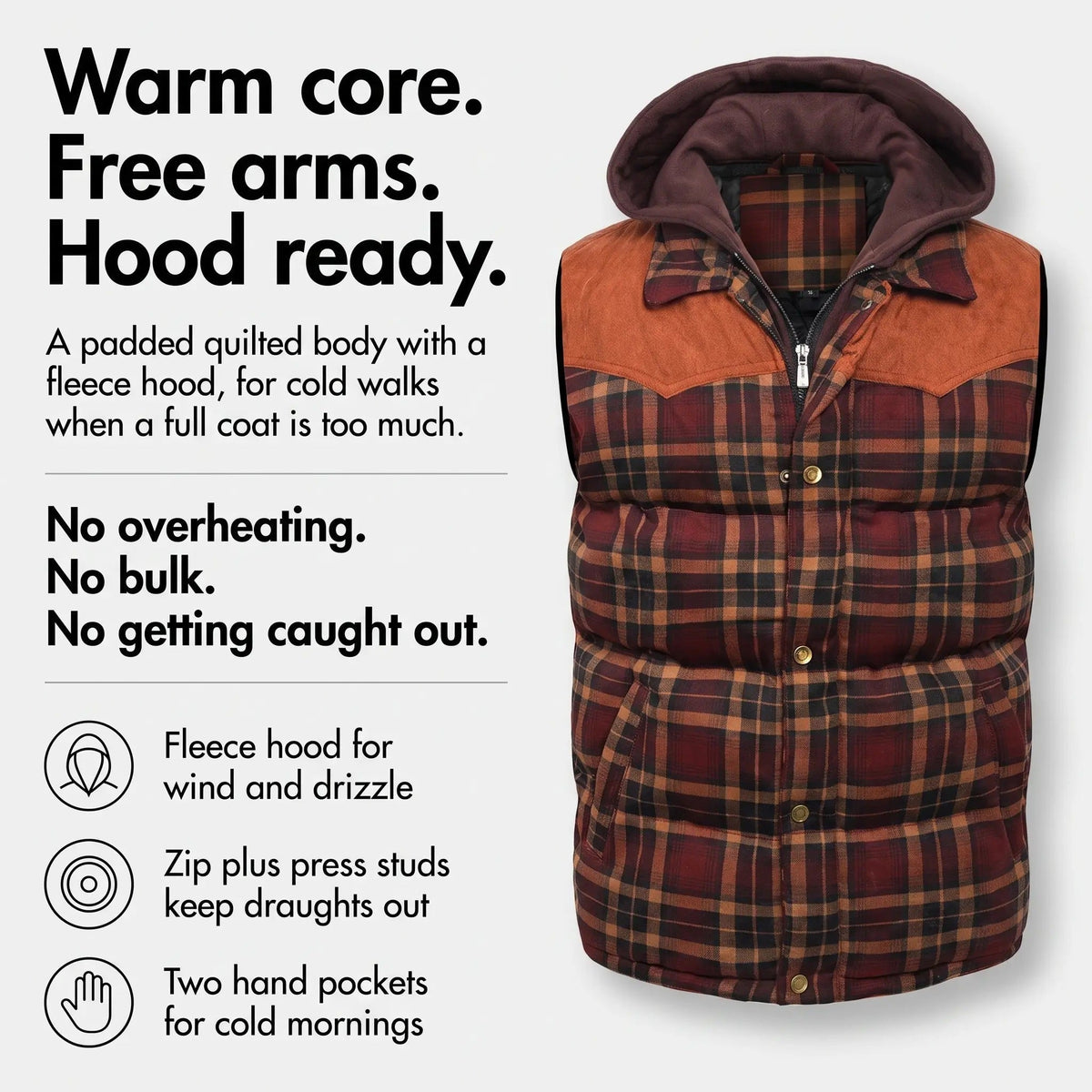 Men's Gilet - Hooded Padded Body Warmer - Tartan Check Puffer Gilet