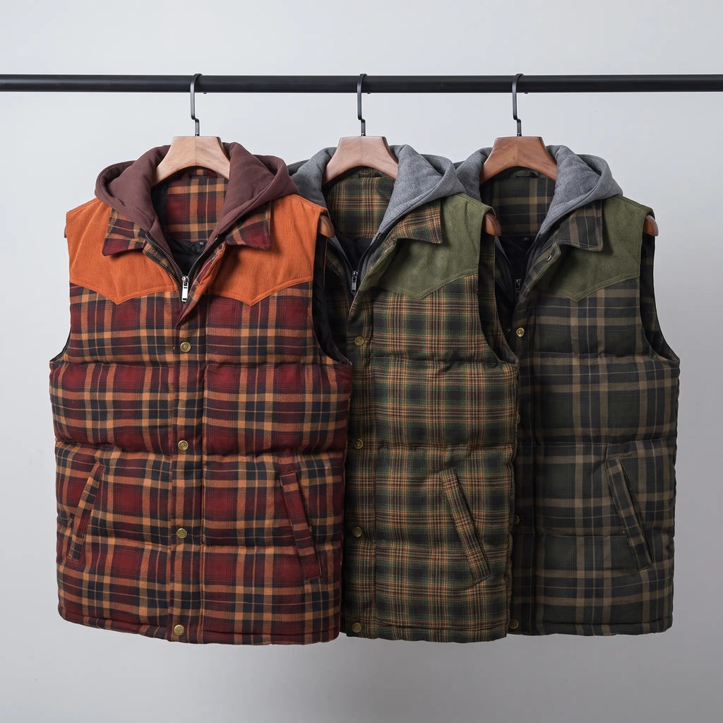 Men's Gilet - Hooded Padded Body Warmer - Tartan Check Puffer Gilet