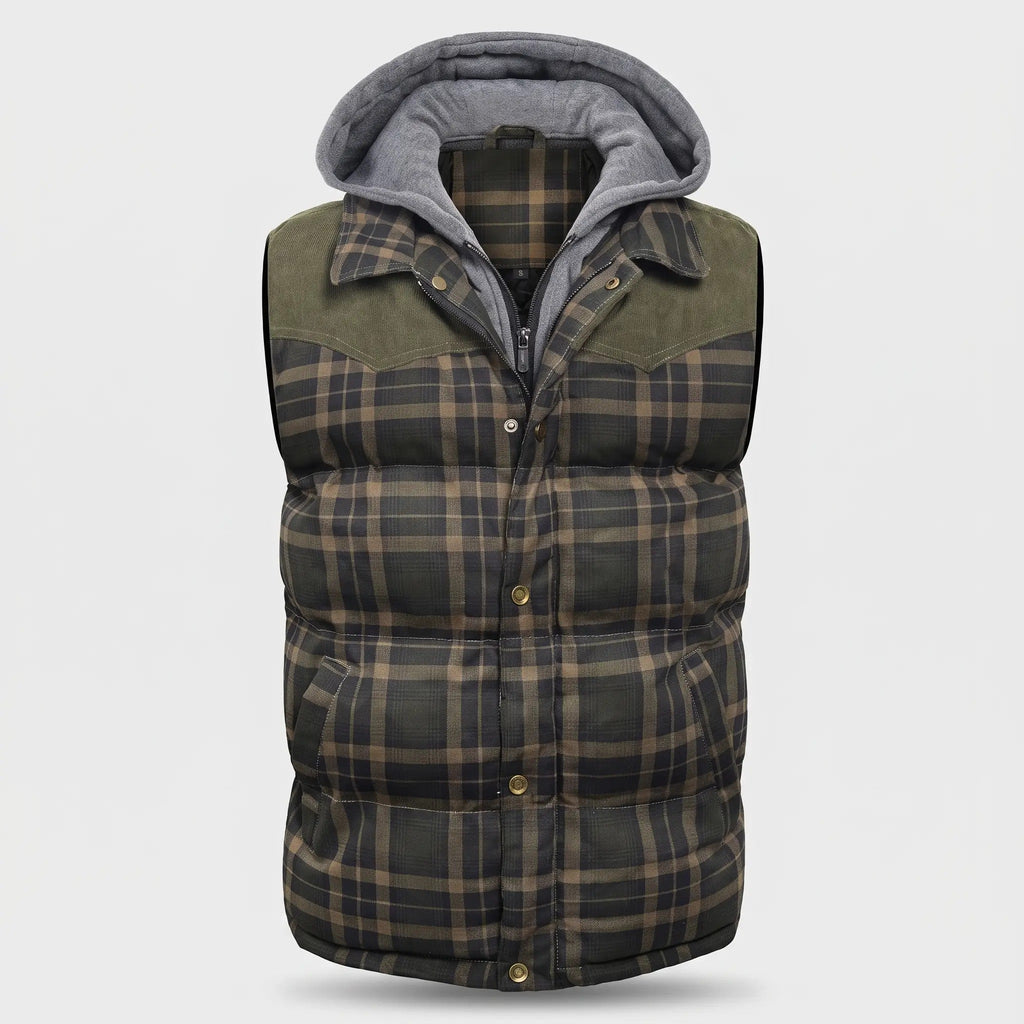 Men's Gilet - Hooded Padded Body Warmer - Tartan Check Puffer Gilet