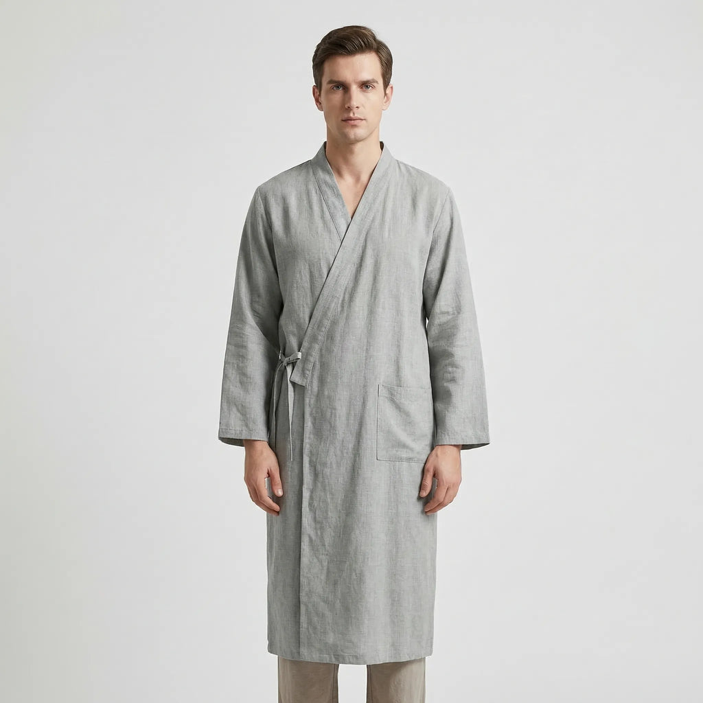 Men's Kimono-Style Robe, Lightweight Breathable Fabric, Adjustable Tie Belt