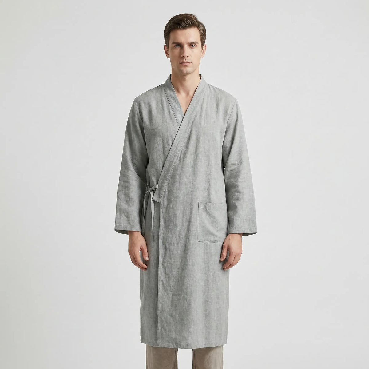 Men's Kimono-Style Robe, Lightweight Breathable Fabric, Adjustable Tie Belt