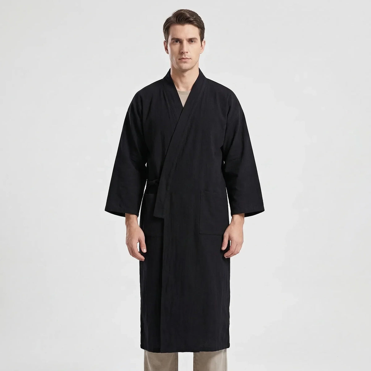 Men's Kimono-Style Robe, Lightweight Breathable Fabric, Adjustable Tie Belt