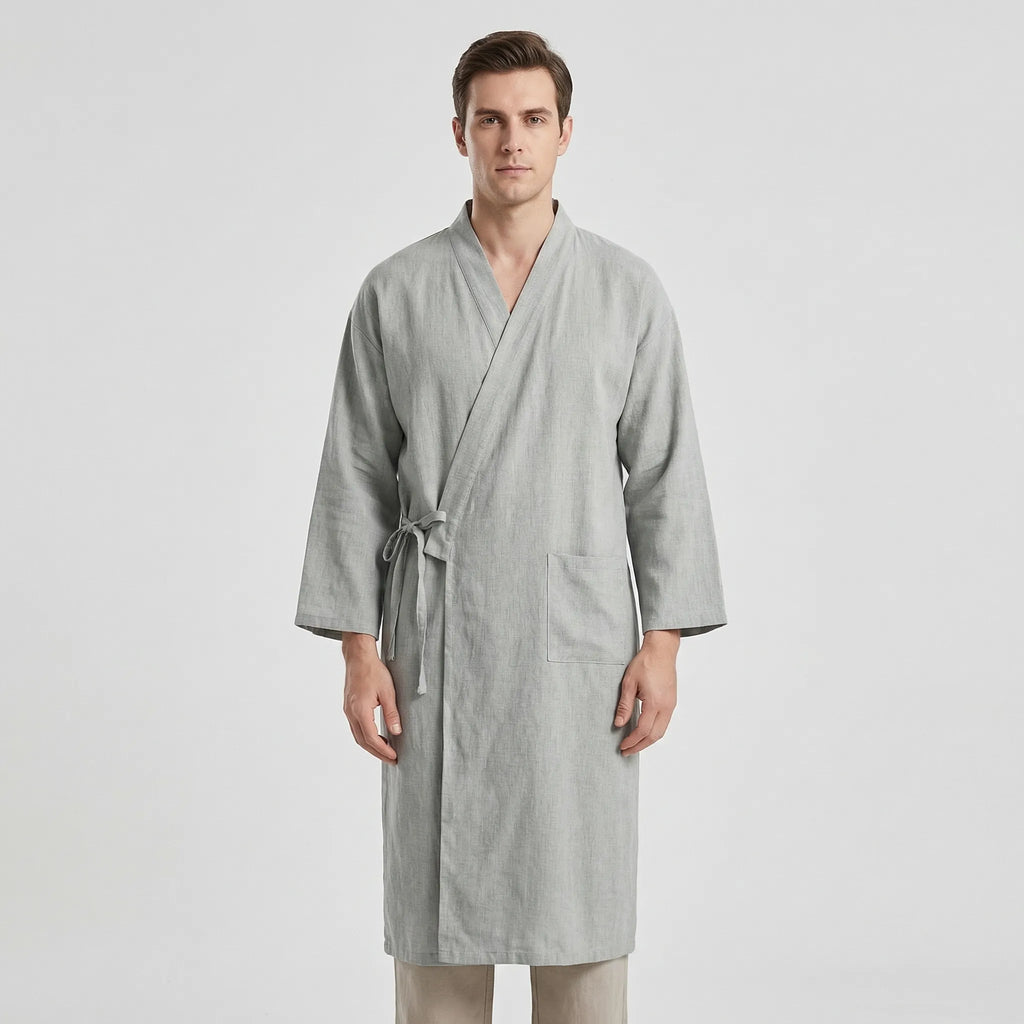 Men's Kimono-Style Robe, Lightweight Breathable Fabric, Adjustable Tie Belt